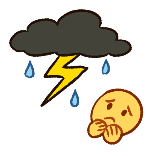 A drawing of a dark gray stormcloud with a bolt of lightning and three raindrops underneath it. In the bottom right corner is a frowning person who is looking up at the stormcloud with their hands by their face.